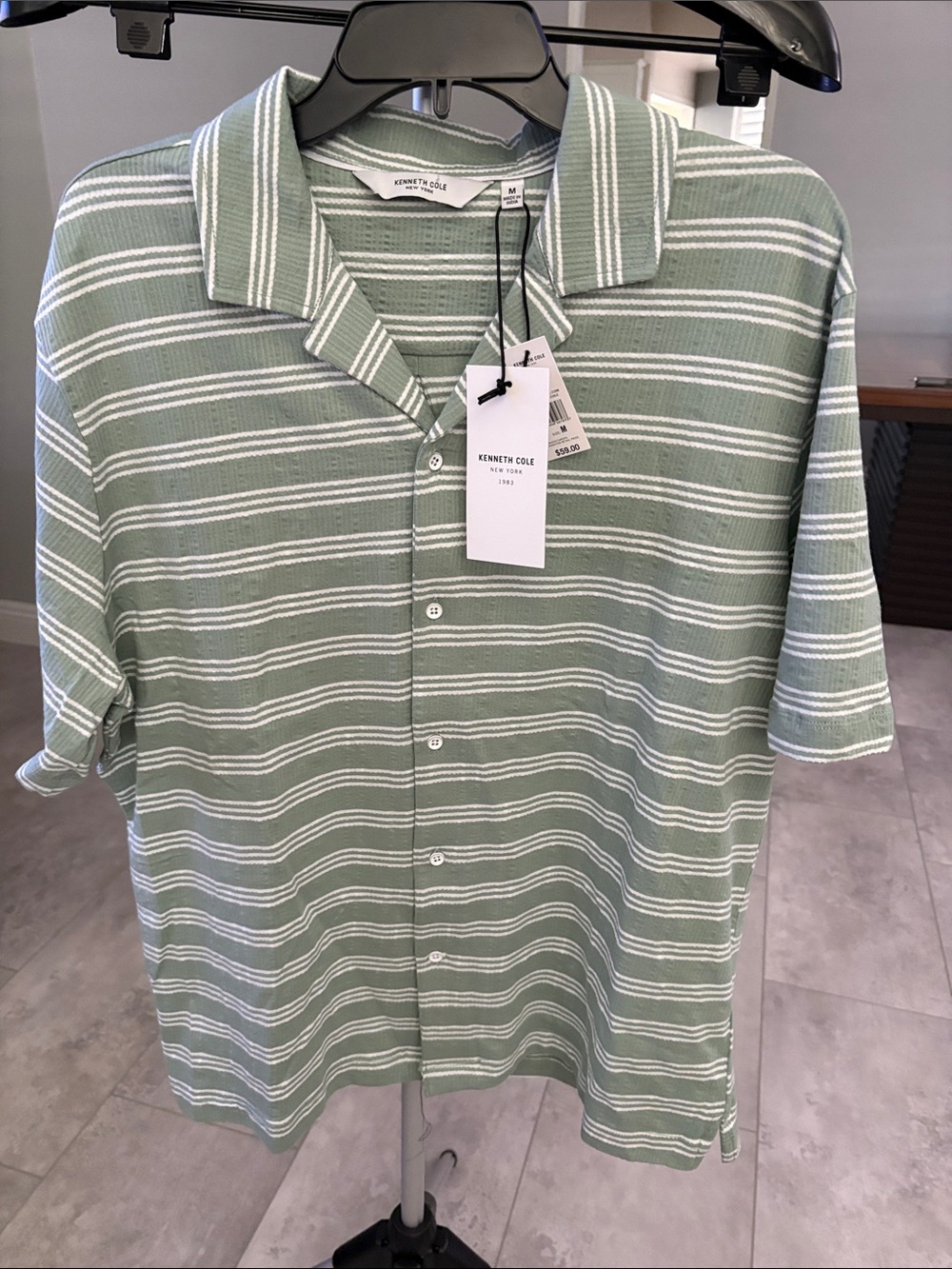 Kenneth Cole Mint Green and White Striped Short Sleeve Button-Down